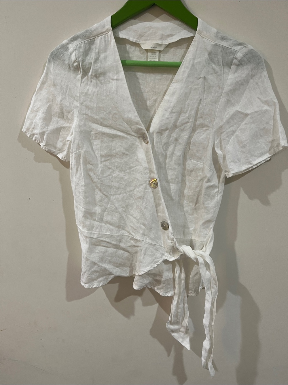 H&M White Linen V-Neck Tie-Front Blouse, Size XXS